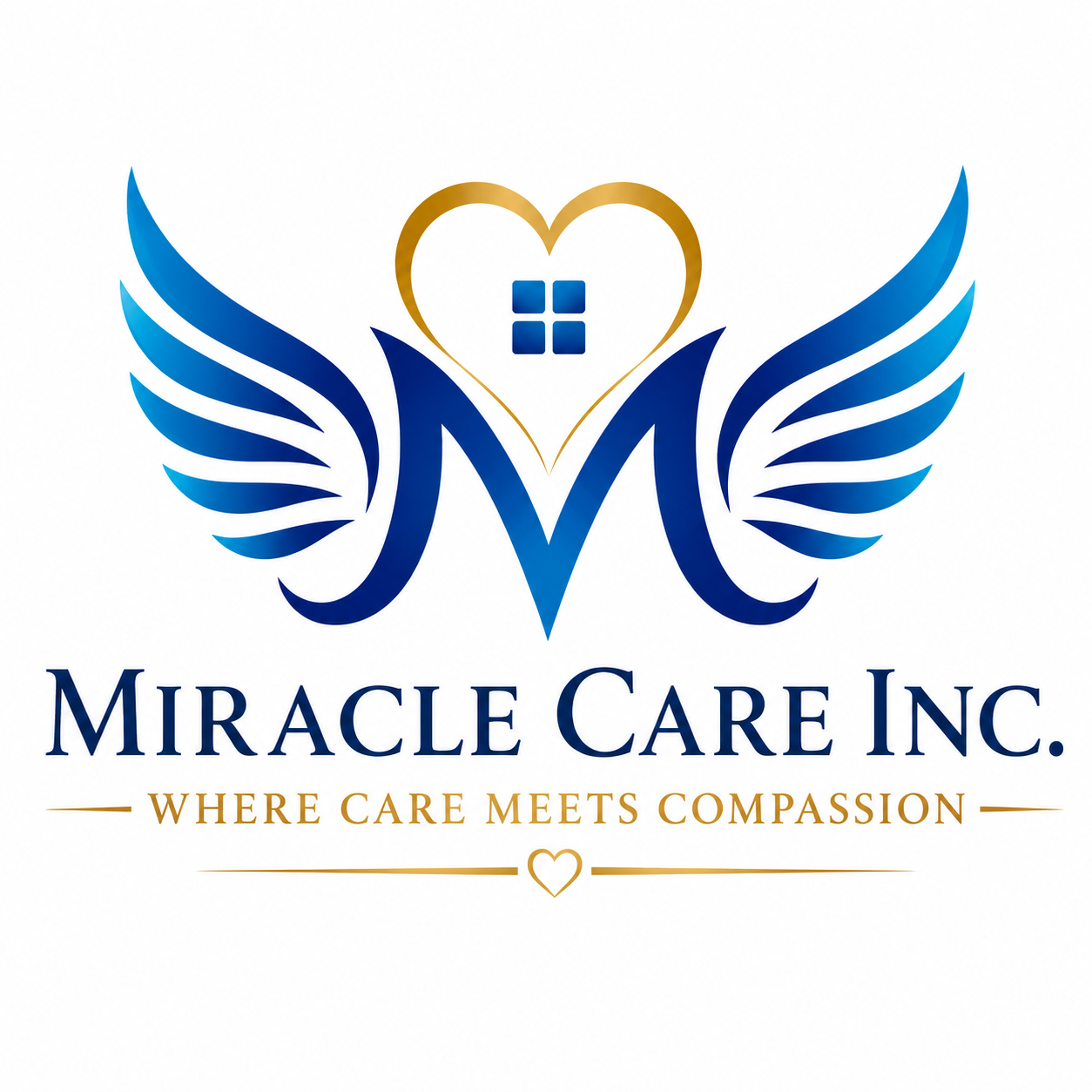Blue winged M and gold heart, Miracle Care Inc., Where Care Meets Compassion